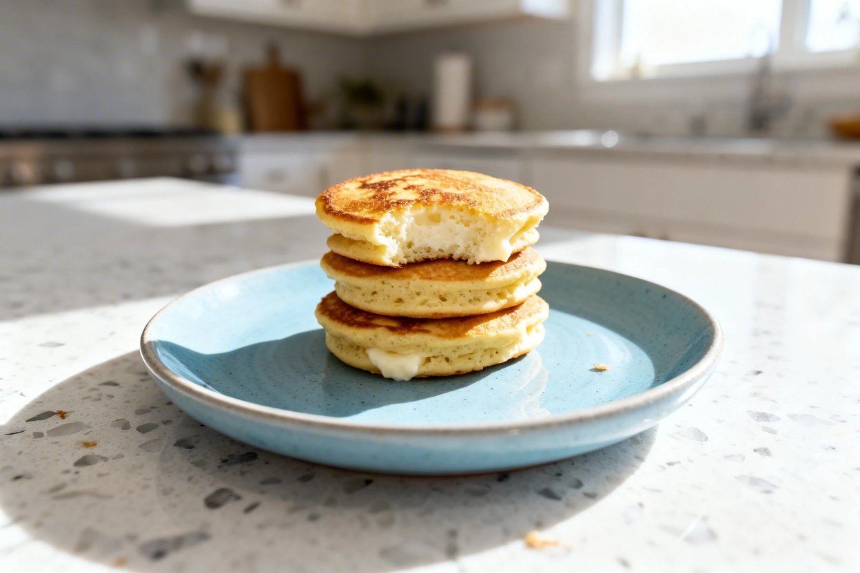 bout 35 degrees) contextual food photo of the exact same finished Keto Cream Cheese Pancakes: the sa