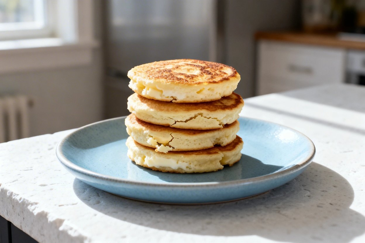  shot (about 40–45 degrees) of the same finished Keto Cream Cheese Pancakes: the same single serving