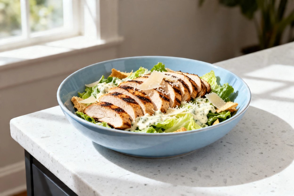 mera perspective (about 30–40 degrees) showing the same finished Grilled Chicken Keto Caesar Salad d