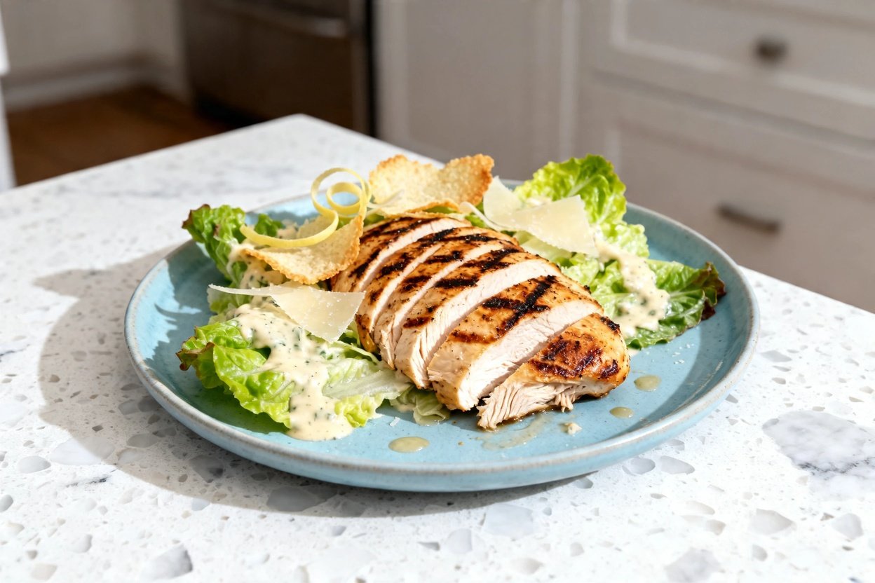  shot (about 30–45 degrees) of the same plated Grilled Chicken Keto Caesar Salad on the identical li