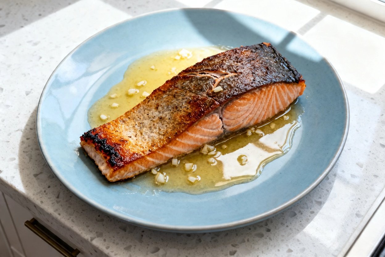 top-down food photograph of the finished keto garlic butter salmon: a single salmon fillet with a pe