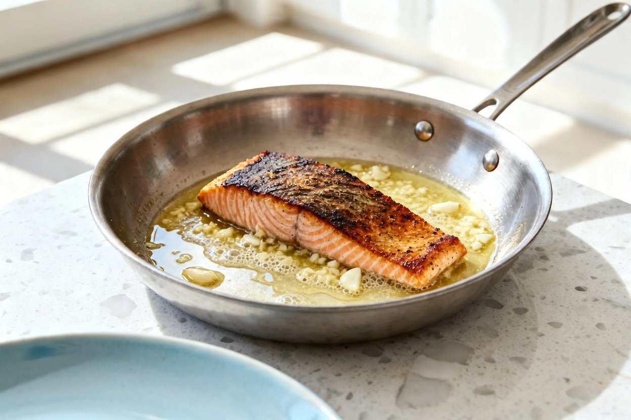 bout 35°) realistic food photo of the exact same finished keto garlic butter salmon portion: one cri