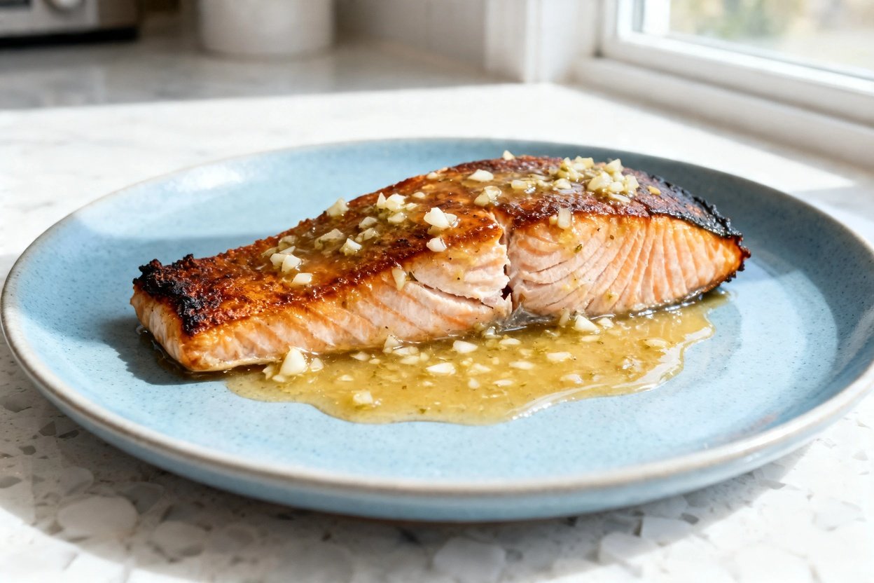  food photograph (about 40–45°) of the same finished keto garlic butter salmon plated on the identic