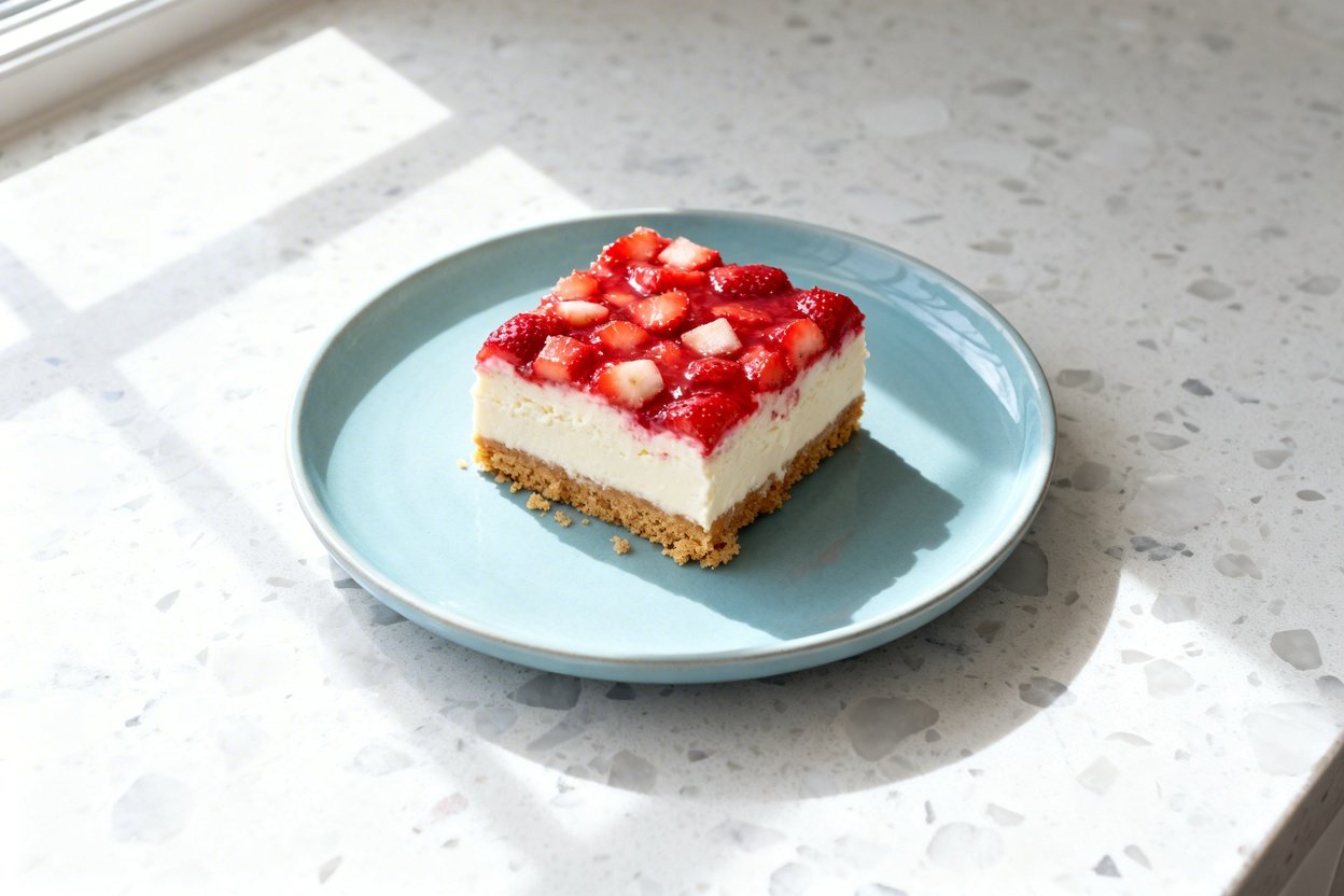 top-down food photo of low carb strawberry cheesecake bars (keto): a single square bar with clean, s