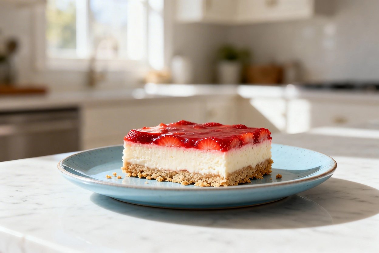 bout 35 degrees) photo of the exact same low carb strawberry cheesecake bars: the same single square