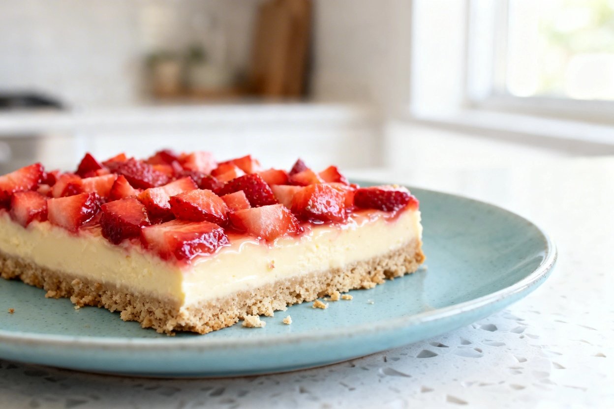  shot (about 40–45 degrees) focusing on texture of the same keto low carb strawberry cheesecake bar,