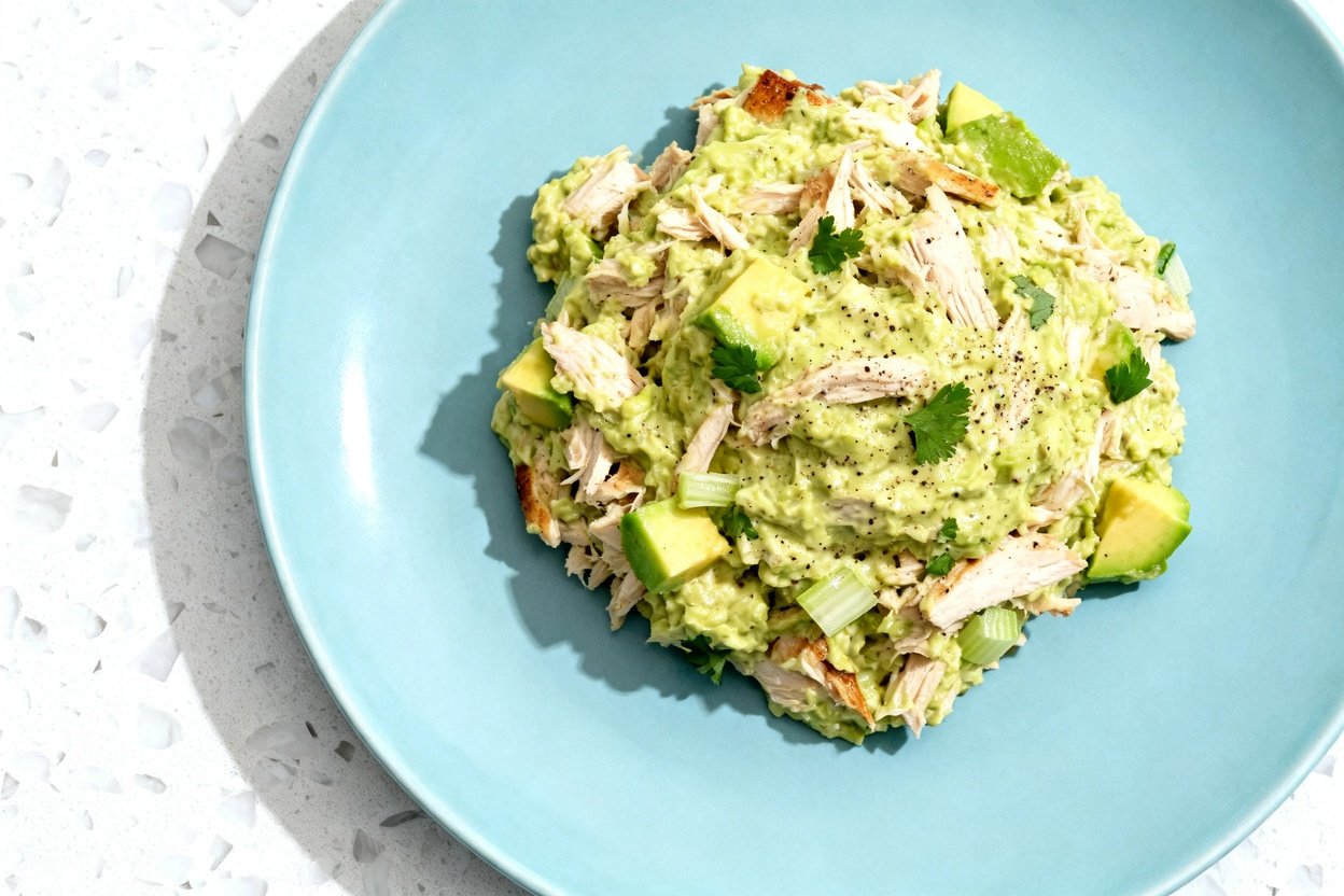 top-down food photo of a single serving of keto avocado chicken salad on an identical light blue ce