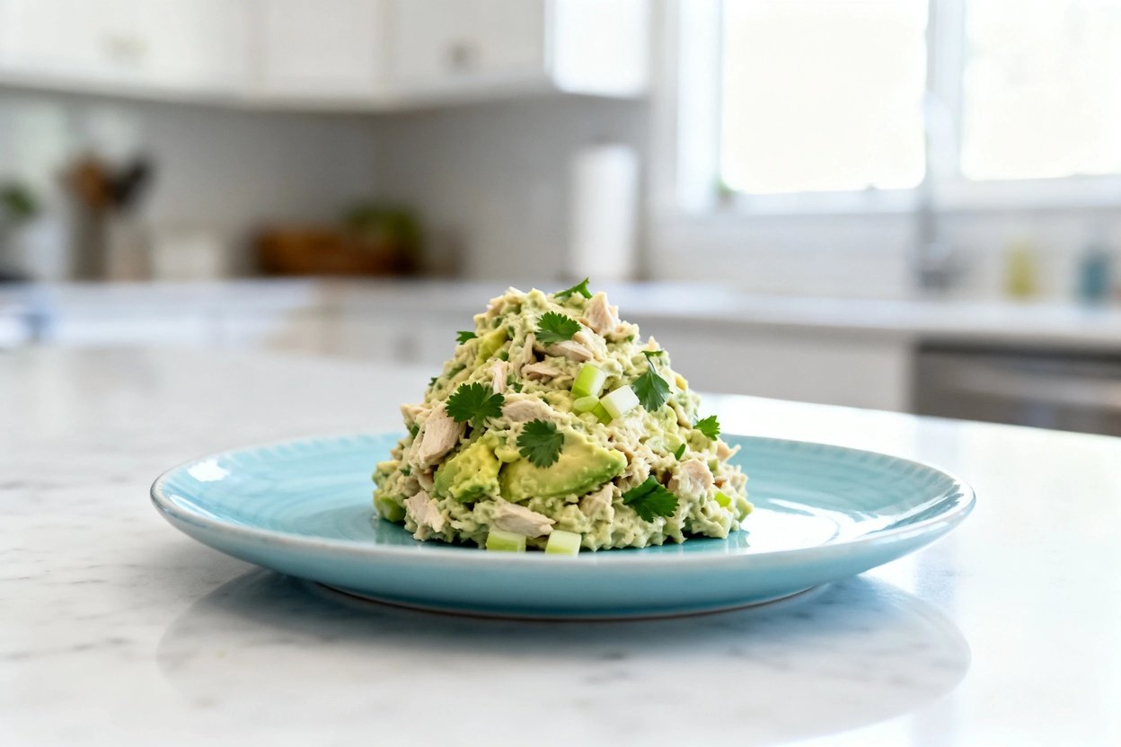 mera perspective (about 30–40 degrees) showing the exact same keto avocado chicken salad portion and