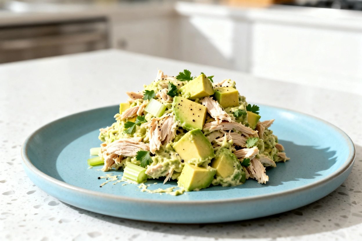 shot (about 30–45 degrees) of the same finished keto avocado chicken salad plated on the same light