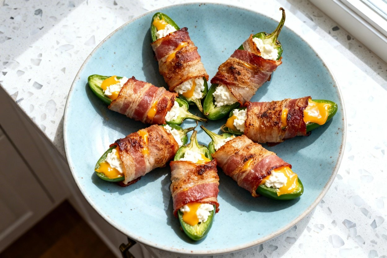 top-down food photo of the finished dish: keto bacon-wrapped jalapeño poppers (fresh jalapeño halve
