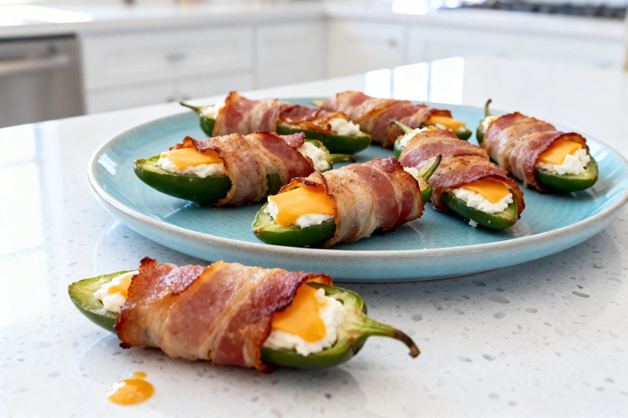 0–40 degrees) realistic food photograph of the exact same finished keto bacon-wrapped jalapeño poppe