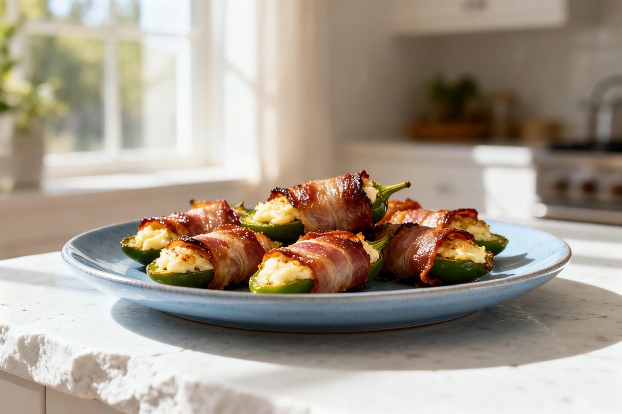 shot (30–45 degrees) of the same plated finished dish: keto bacon-wrapped jalapeño poppers (stuffed