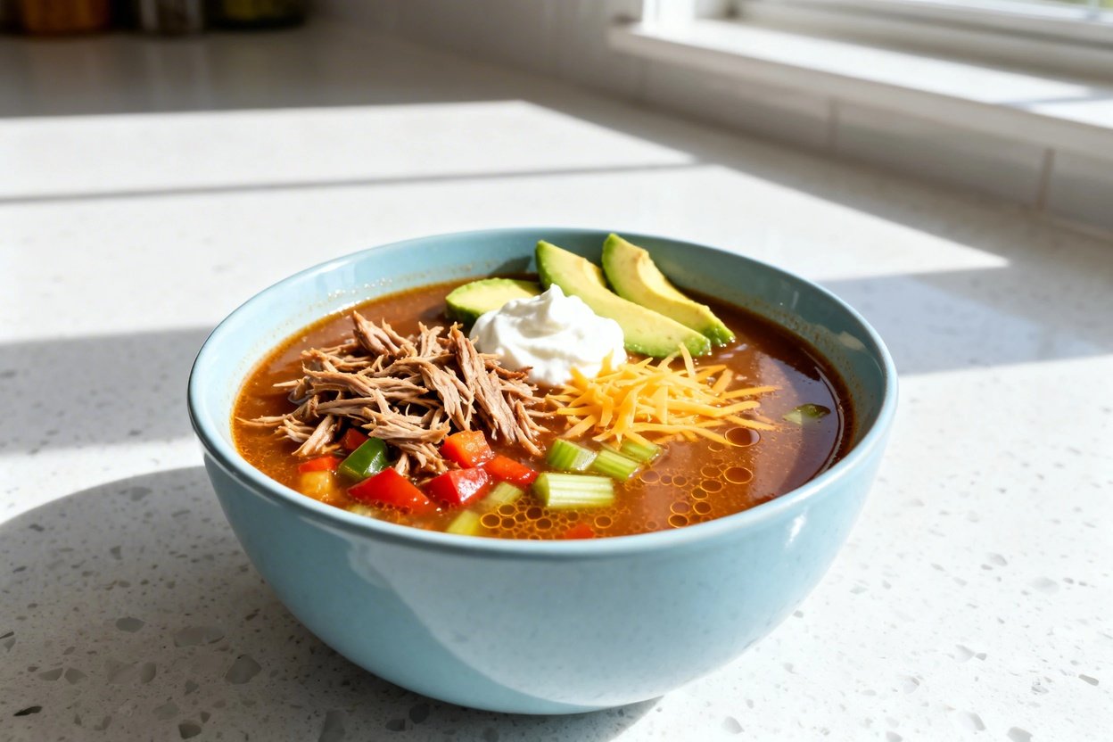 0–40 degrees) realistic food photograph of the same Keto BBQ Pulled Pork Soup from the same cooking