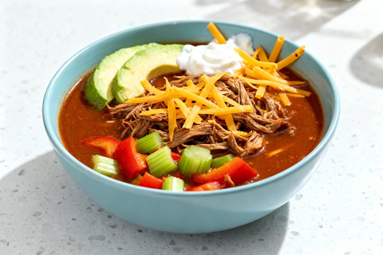 shot (30–45 degrees) emphasizing texture of the exact same Keto BBQ Pulled Pork Soup in the same li