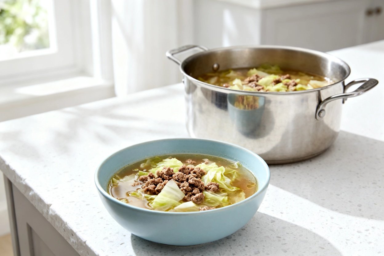 bout 35 degrees) realistic home kitchen photo of the exact same finished keto beef and cabbage soup,