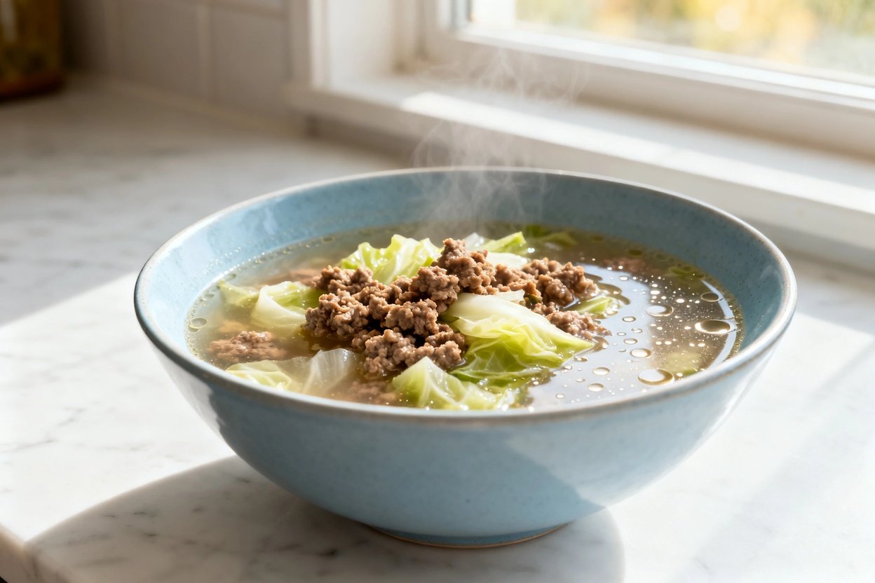  shot (about 40–45 degrees) of the same plated single serving of keto beef and cabbage soup in the s