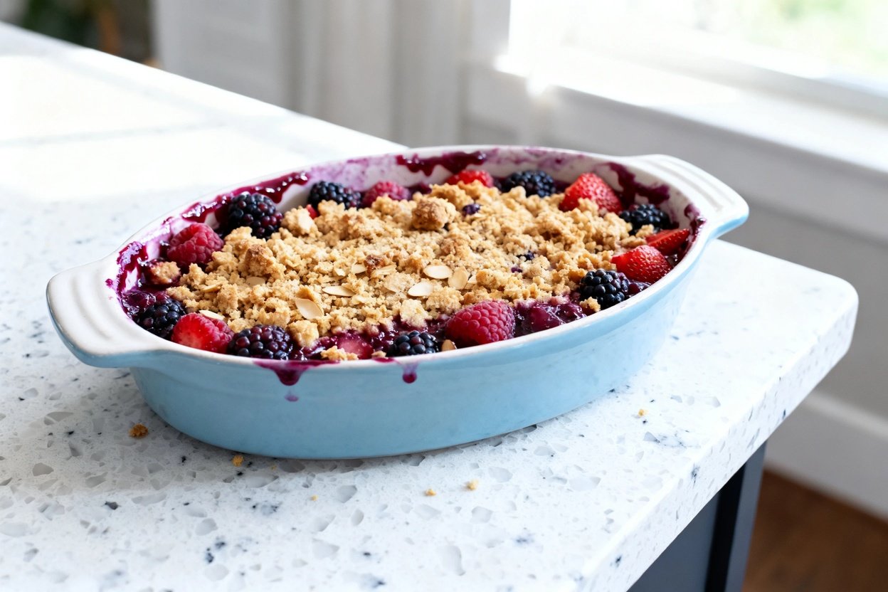 0–40 degrees) photo of the exact same finished keto berry crumble, same portion size and same struct