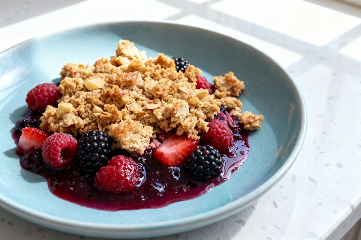 shot (30–45 degrees) of the same plated keto berry crumble portion on the same light blue ceramic p