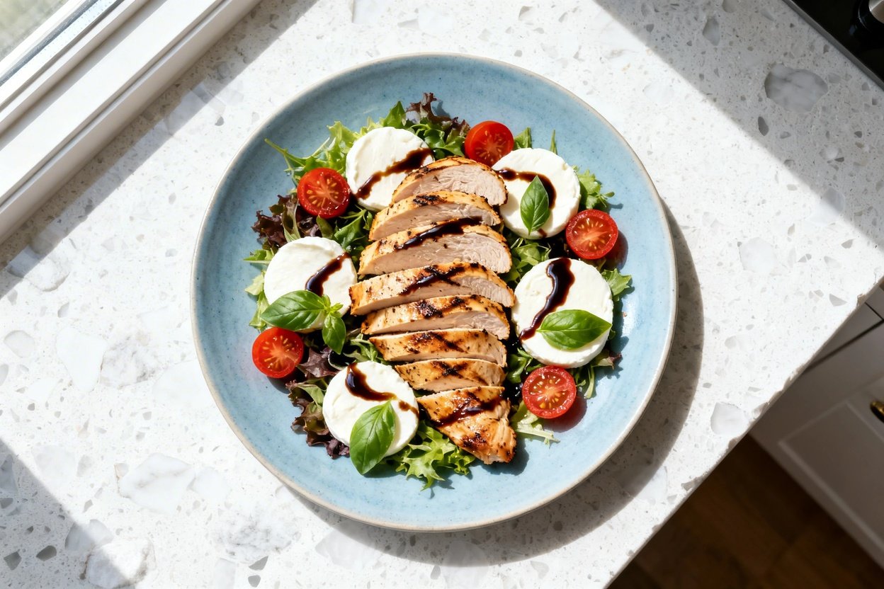 top-down food photo of a Keto Caprese Chicken Salad: sliced grilled chicken breast arranged in a loo