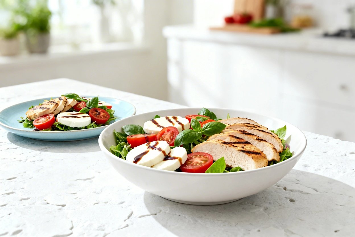 –40 degree camera view of the exact same finished Keto Caprese Chicken Salad (same ingredients and p