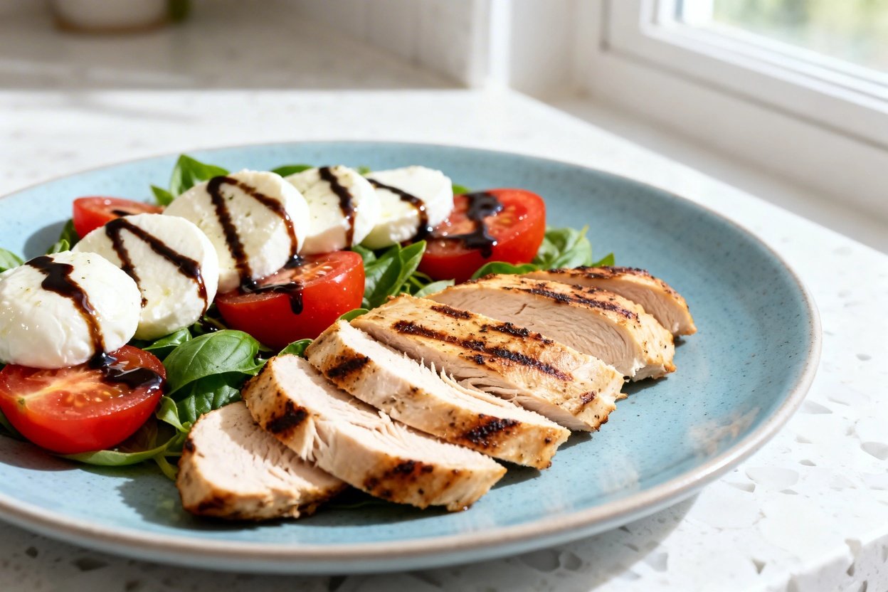  shot at 30–45 degrees of the same plated Keto Caprese Chicken Salad on the same light blue ceramic 