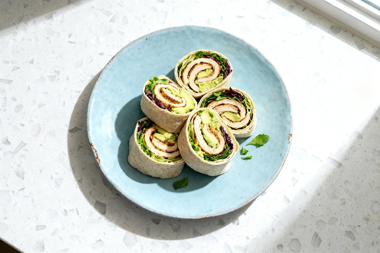 top-down food photo of the finished dish: a single low-carb chicken avocado lunch wrap made with a k
