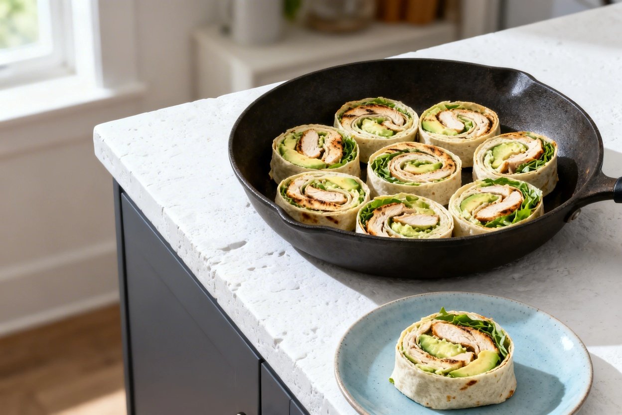 –40 degree perspective of the exact same finished low-carb chicken avocado lunch wrap presentation: