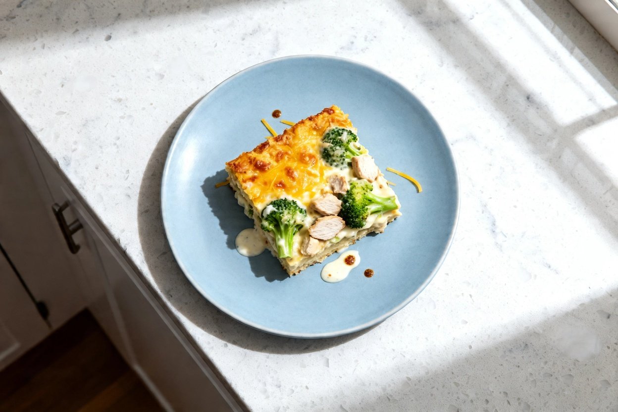 top-down food photo of a single serving of keto chicken broccoli casserole on a light blue ceramic