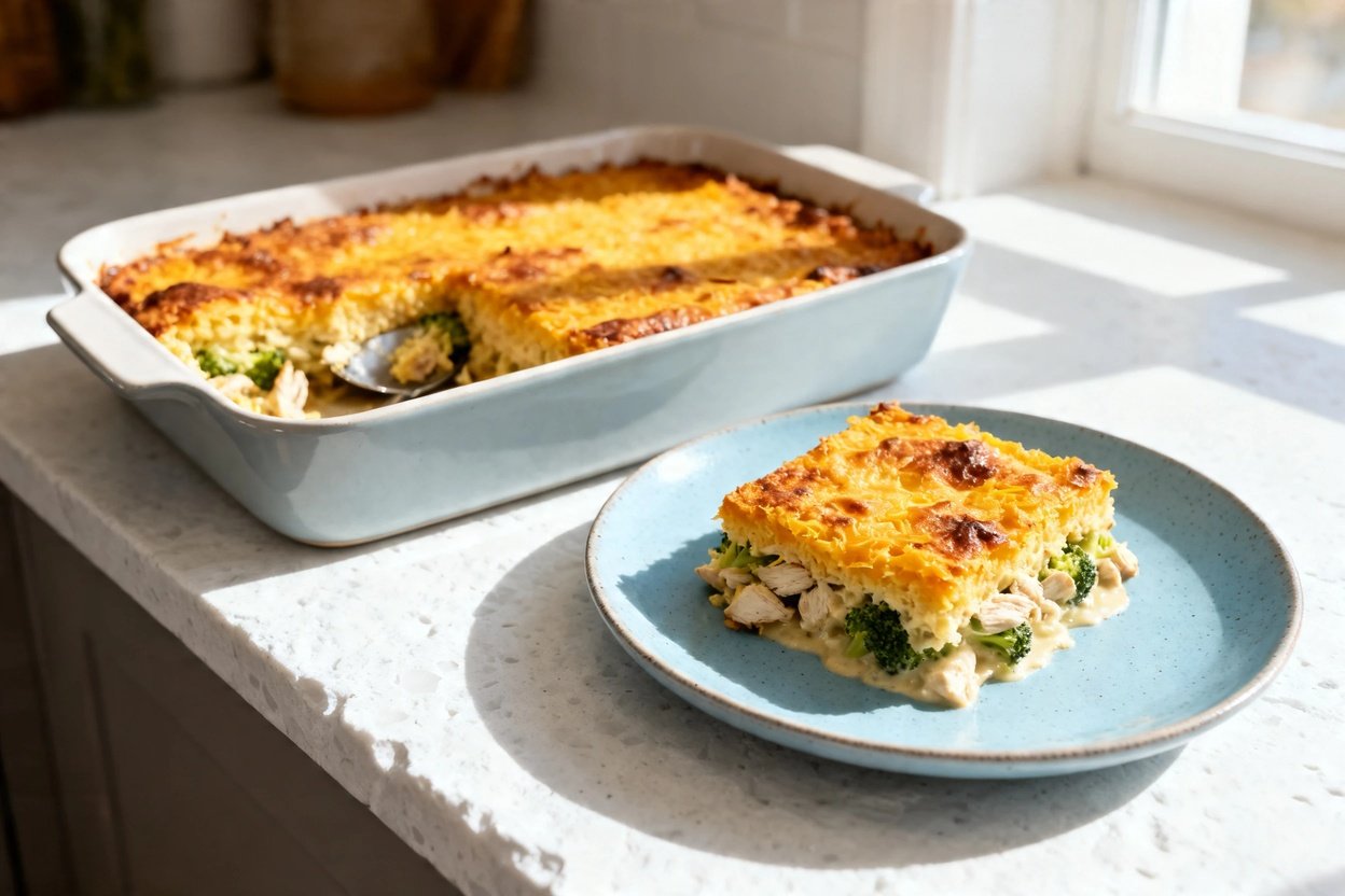 bout 30–40 degrees) realistic food photograph of the exact same keto chicken broccoli casserole serv