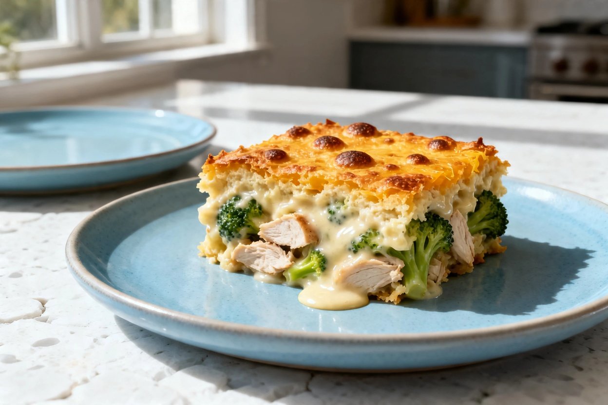 shot (about 30–45 degrees) of the same single serving of keto chicken broccoli casserole on the sam