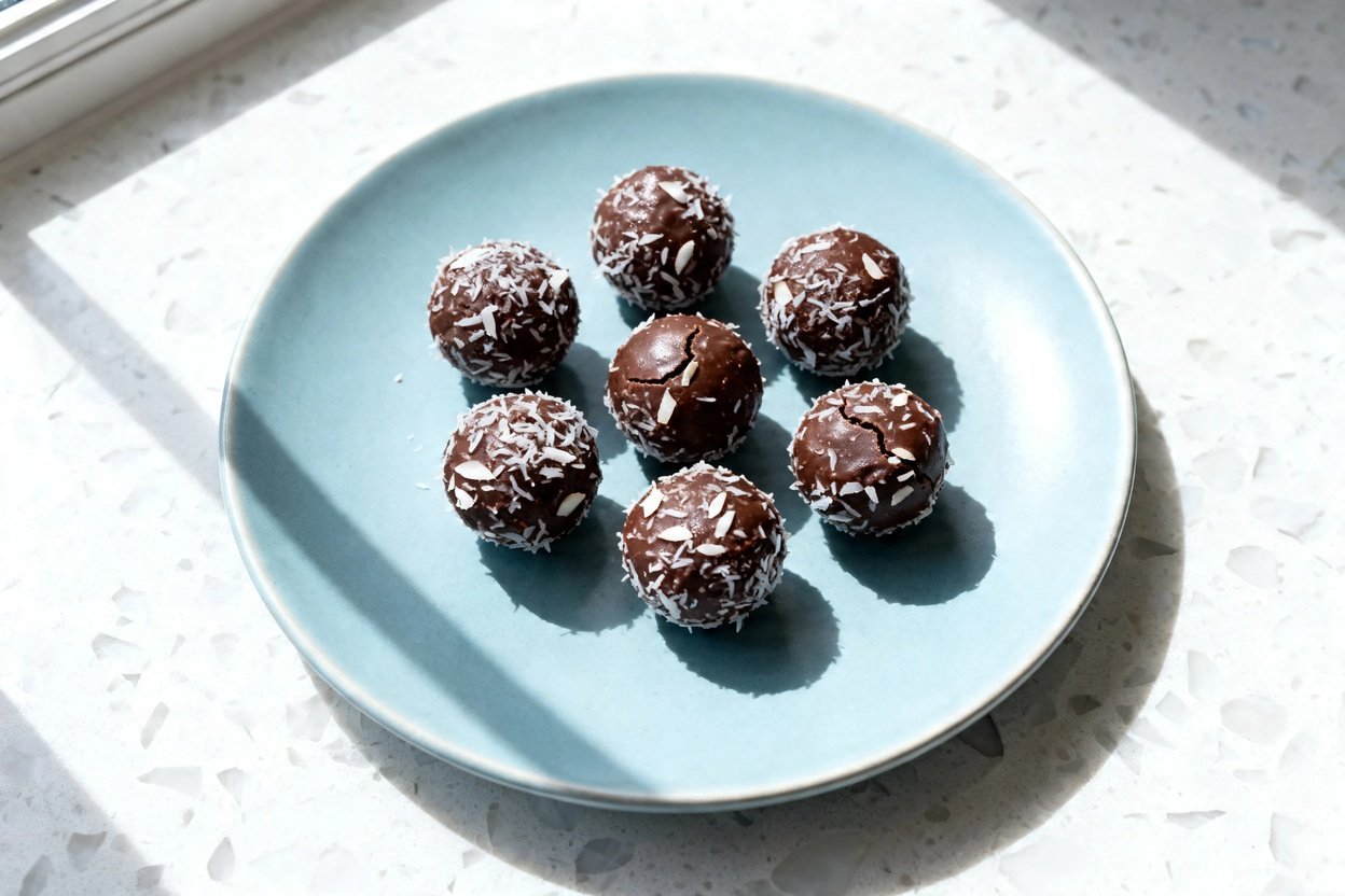 top-down food photo of keto chocolate coconut fat bombs: small, round bite-sized balls (about 1 to