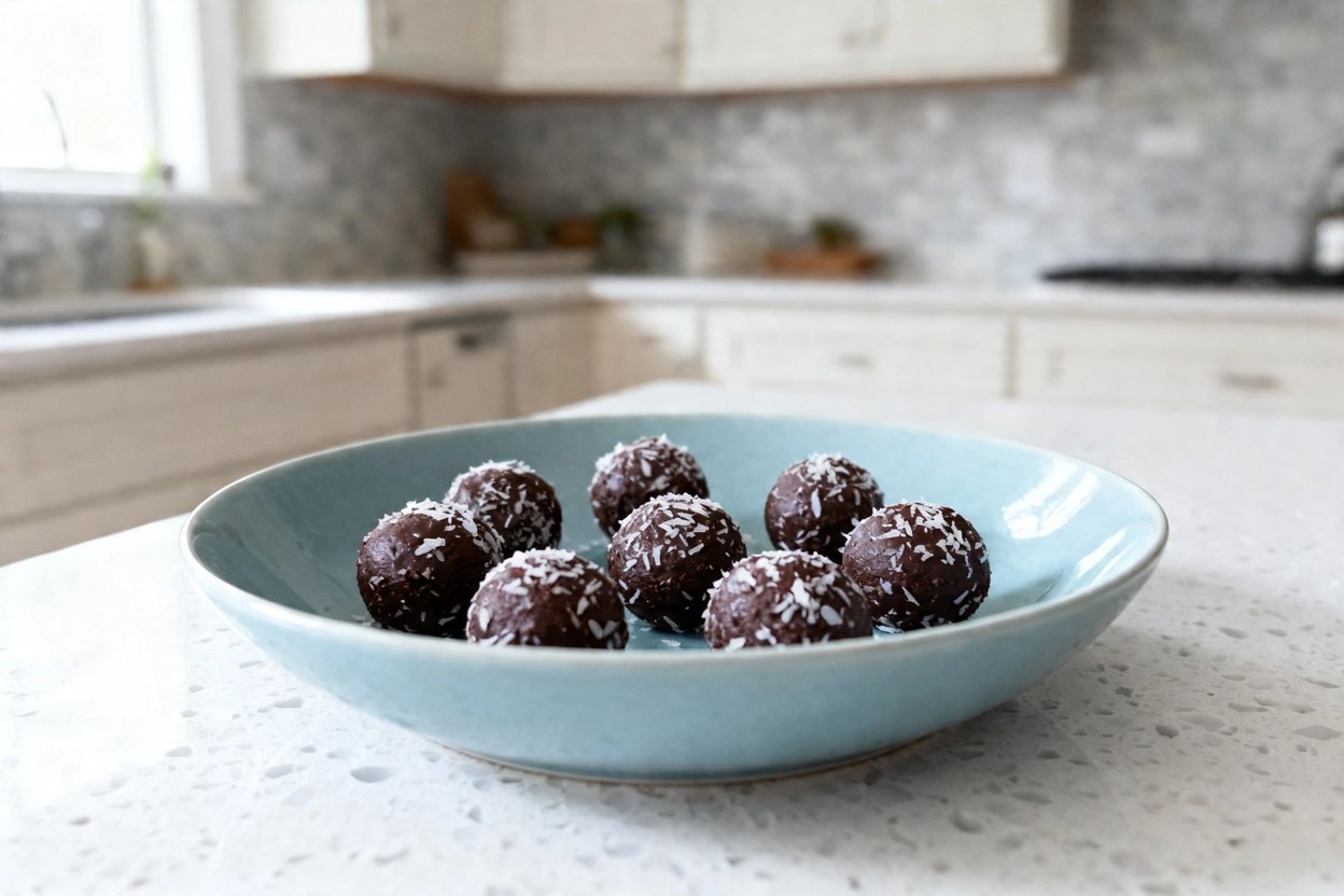 mera perspective (about 35 degrees) showing the same finished keto chocolate coconut fat bombs, iden