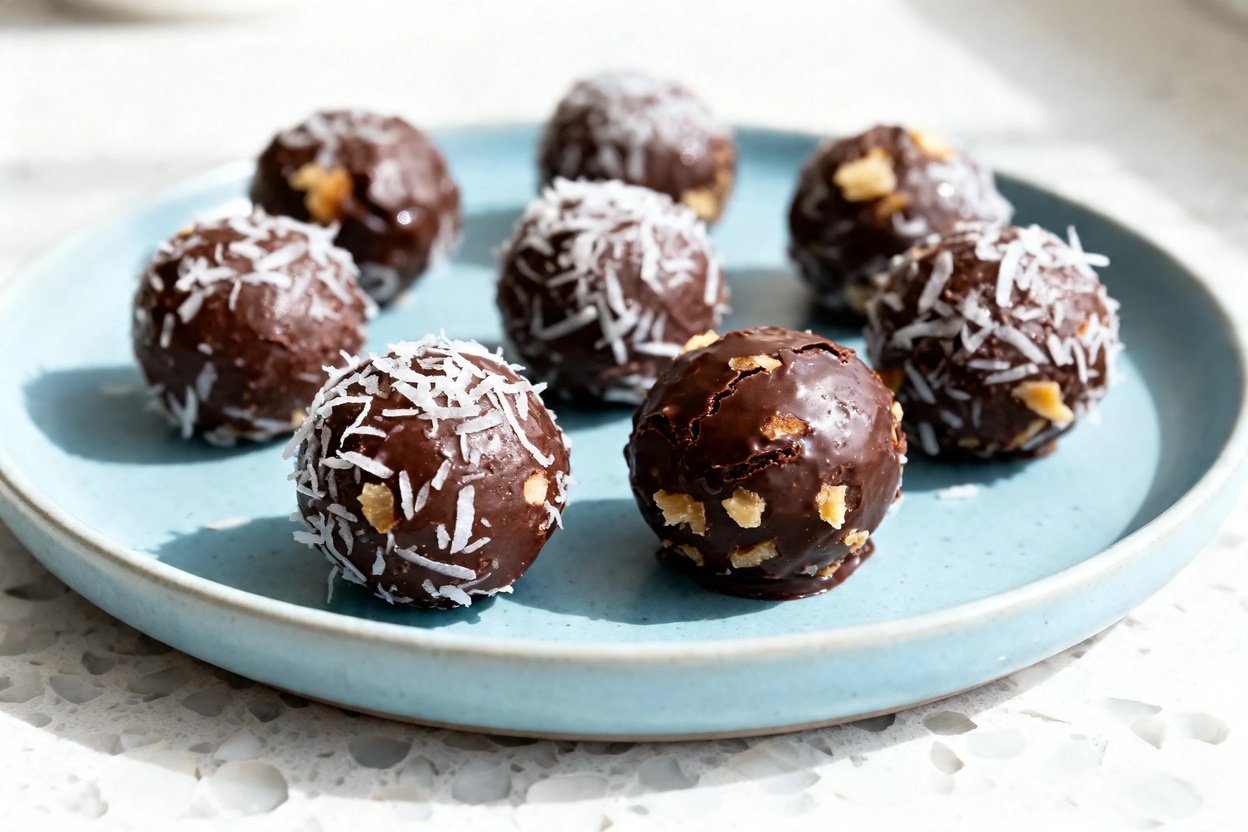 shot (about 40–45 degrees) of the same finished keto chocolate coconut fat bombs on the same light