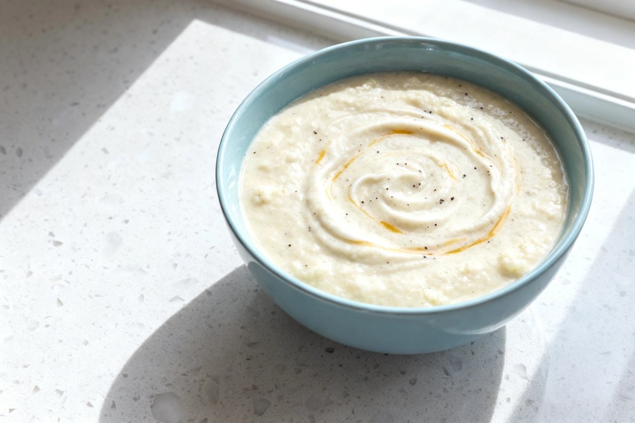 top-down food photo of a single serving of keto creamy cauliflower soup: a velvety, pale ivory caul
