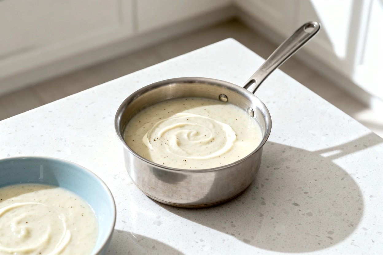 bout 35°) realistic food photograph of the same finished keto creamy cauliflower soup, same pale ivo