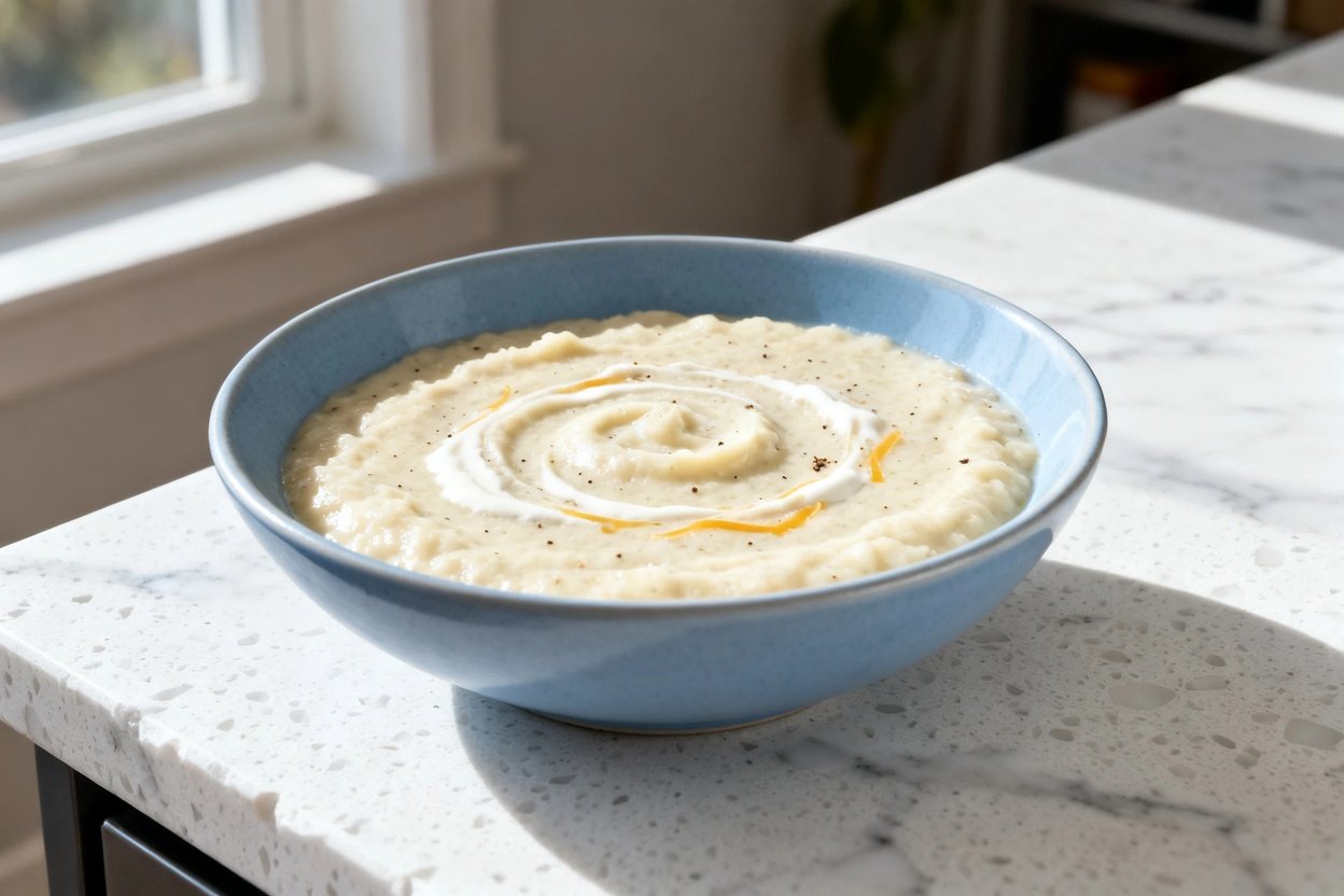 shot (about 40–45°) of the same plated keto creamy cauliflower soup in the same light blue ceramic