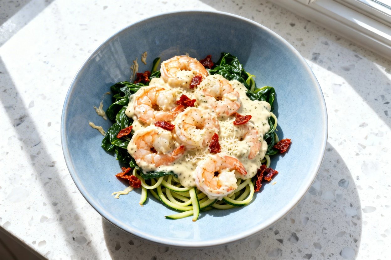 top-down food photo of Keto Creamy Tuscan Shrimp: large peeled, deveined shrimp coated in a thick cr