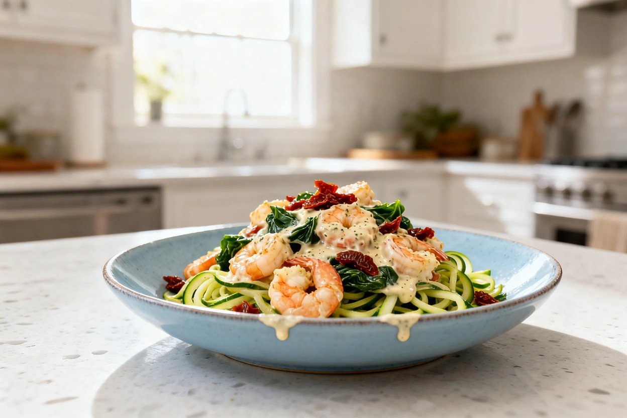 –40 degree view of the exact same finished Keto Creamy Tuscan Shrimp dish and portion: large shrimp 