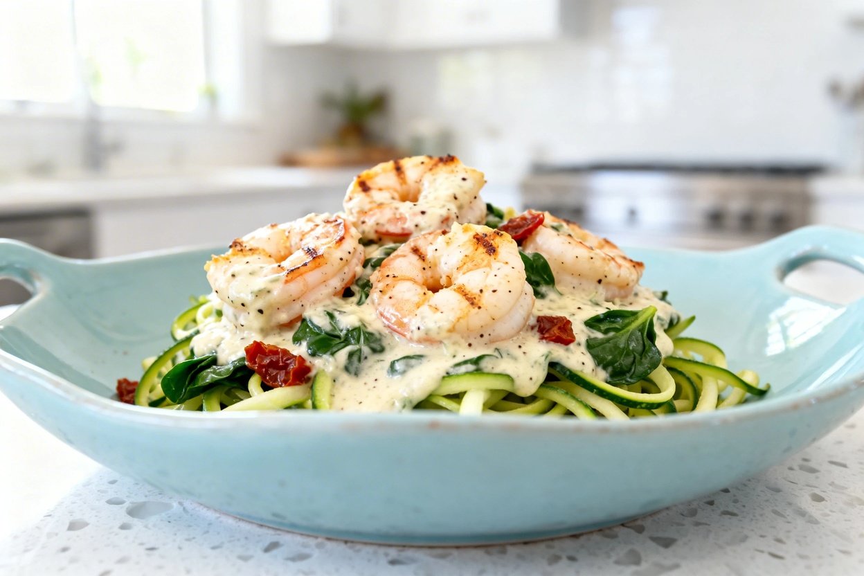  shot at 30–45 degrees of the same plated Keto Creamy Tuscan Shrimp over zucchini noodles on the ide