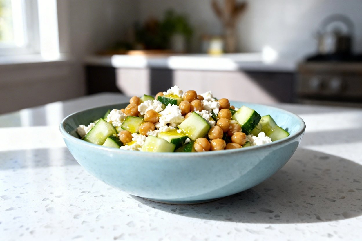 bout 30–40 degrees) realistic food photo of the exact same finished keto cucumber feta chickpea sala