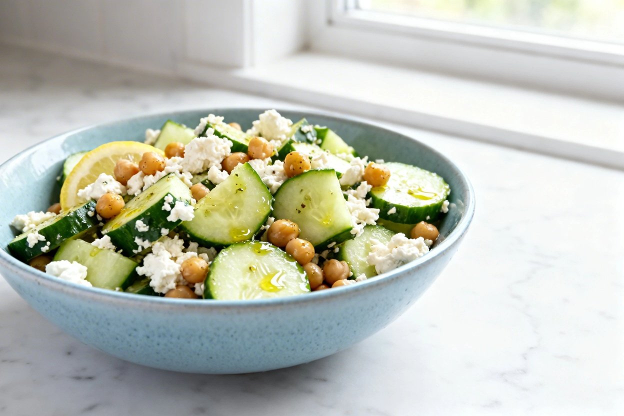  shot (about 30–45 degrees) emphasizing texture of the same finished keto cucumber feta chickpea sal