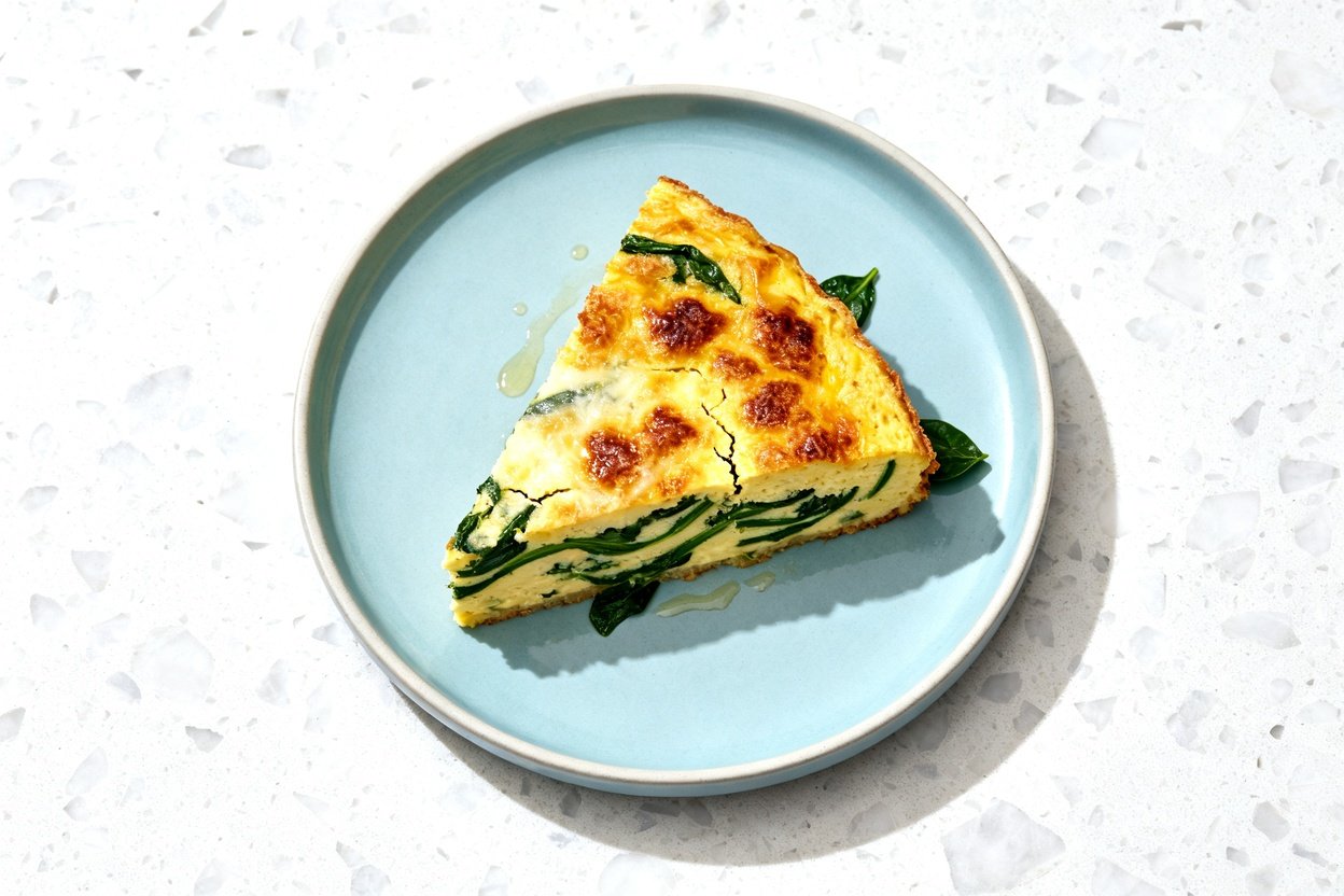 top-down food photo of a single serving square of keto egg and spinach skillet bake on a light blue 