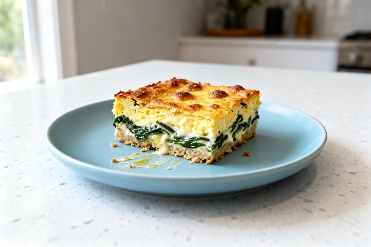  shot at approximately 30–45 degrees of the same single serving square of keto egg and spinach skill