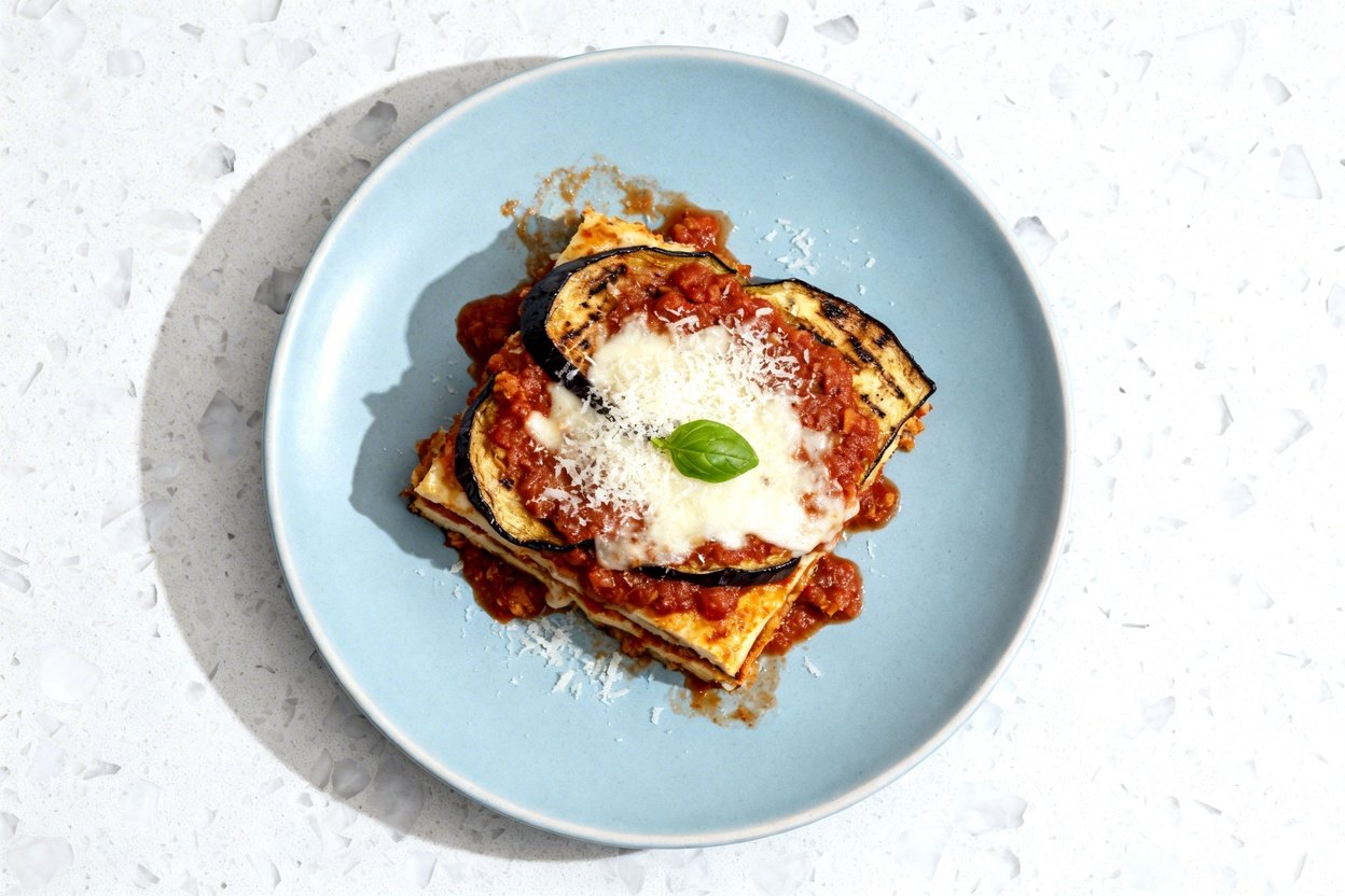 top-down food photo of a single serving of keto eggplant parmesan bake: visible layered roasted/gril