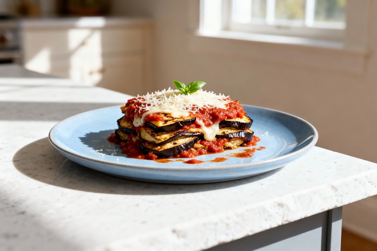 bout 30–40 degrees) realistic home kitchen photo of the same finished keto eggplant parmesan bake, s