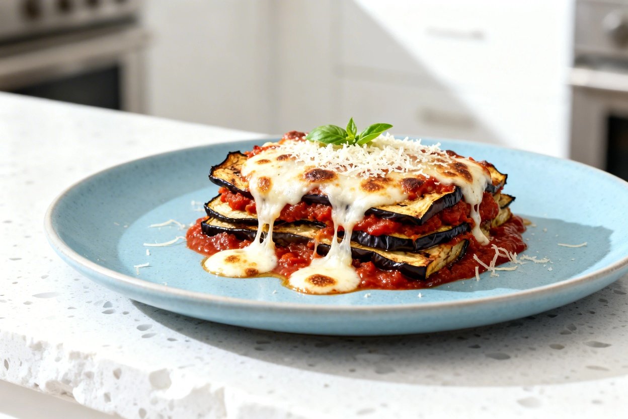 shot (about 30–45 degrees) of the exact same plated single serving of keto eggplant parmesan bake o