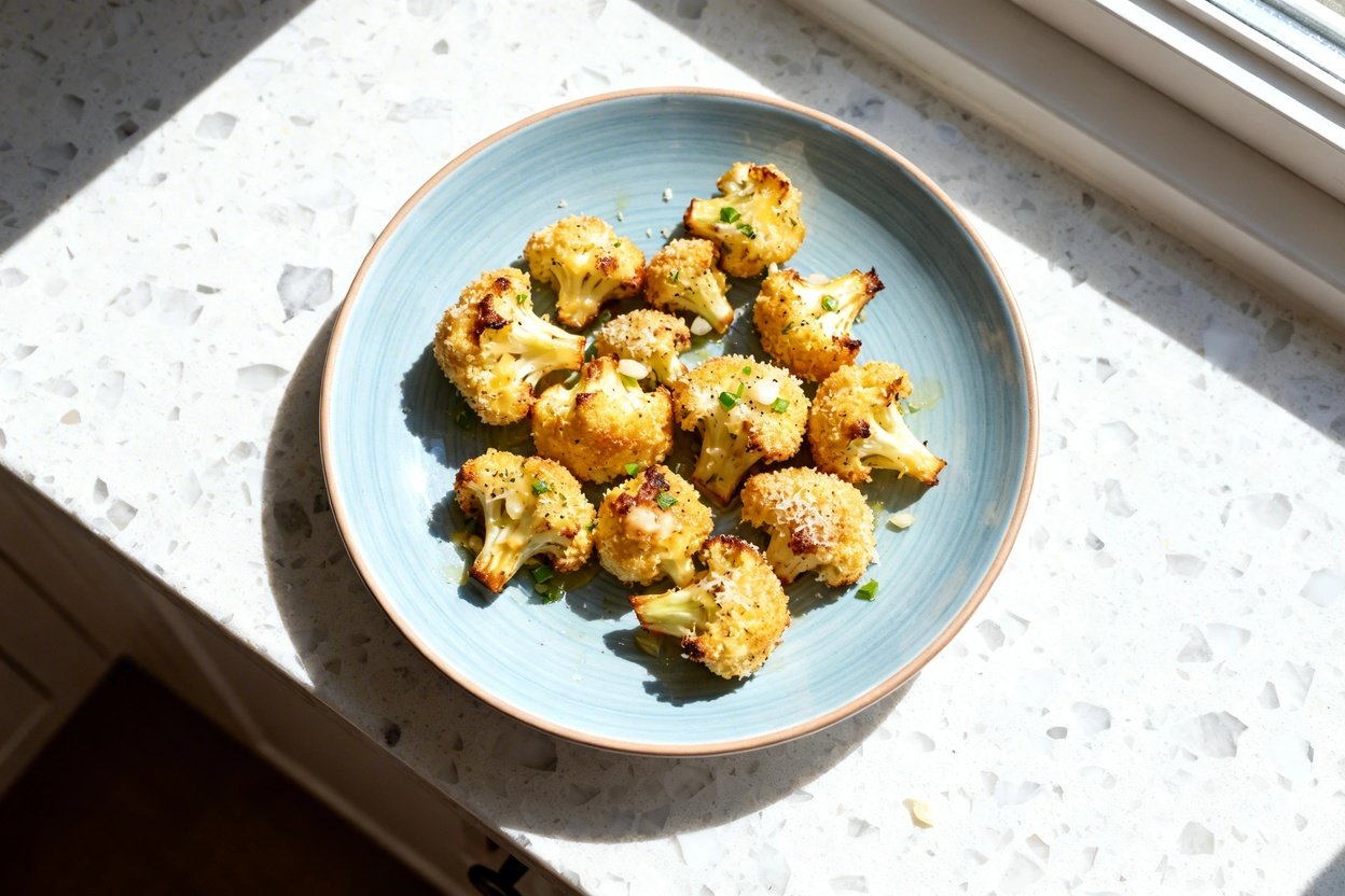 top-down food photograph of keto garlic parmesan cauliflower bites: roasted cauliflower florets coat