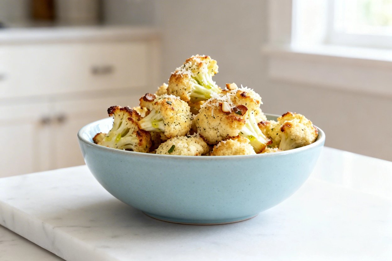bout 35 degrees) realistic home-kitchen photo of the exact same finished keto garlic parmesan caulif