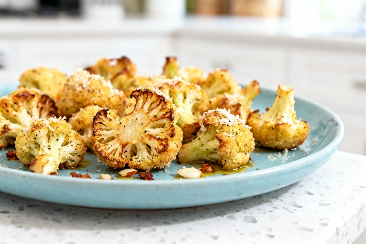  shot (about 40–45 degrees) of the same finished keto garlic parmesan cauliflower bites on the same 