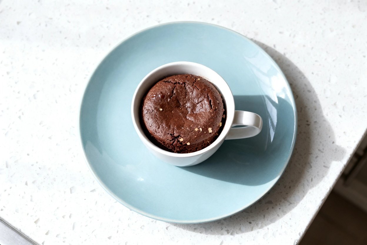 top-down food photo of the finished keto low-carb chocolate mug cake: a single-serving warm, tender
